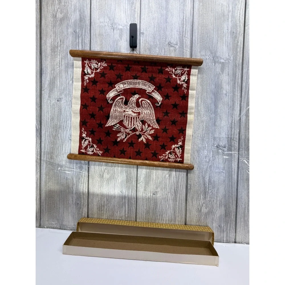 Vintage Americana E Pluribus Unum Eagle Wall Hanging Scroll Burlap Wood Frame